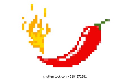 Vector illustration of hot chilli pepper with fire in pixel style. Vector emblem jalapeno or chilli pepper. Pixel chili pepper with flame.