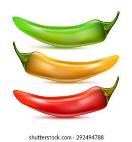 Vector illustration hot chilli pepper set isolated on white background. Red, yellow and green. EPS 10