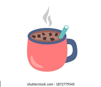 Vector illustration of hot choco drink with chocolate slice in pink mug, isolated on white background. Flat design style. Food and drink cartoon concept