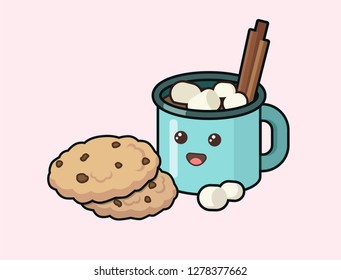 Vector illustration. Hot Chocolat whith Marshmallow. Oatmeal cookies