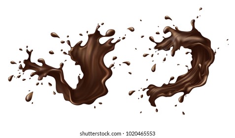Vector illustration of hot chocolate, cacao or coffee splash with drops, blobs, blots isolated on white background. Appetizing liquid dessert, advertising product, splashing design element for promo Vector illustration of hot chocolate, cacao or coffee splash with drops, blobs, blots isolated on white background. Appetizing liquid dessert, advertising product, splashing design element for promo
