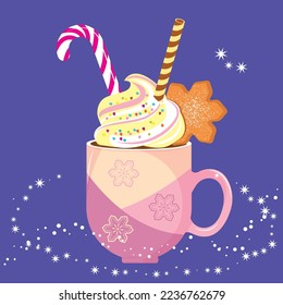 Vector Illustration of hot chocolate cup with cream frosting, 
cookies and candy.