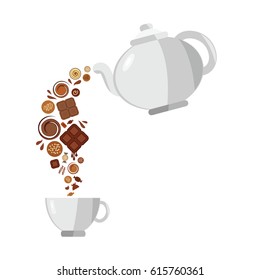 vector illustration of hot chocolate pouring from teapot for sweet drink concepts 