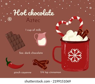 Vector illustration of hot chocolate recipe in red cup. Decorating hot drink with marshmallows and caramel. hot chocolate with peppers and cinnamon for Christmas or winter design. 
