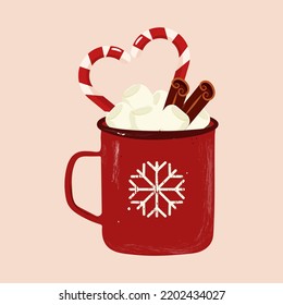 Vector illustration of hot chocolate in a red cup. Decorating hot drink with marshmallows and caramel for Christmas or winter design. 