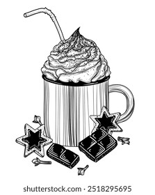 Vector illustration of hot chocolate with whipped cream in engraving style