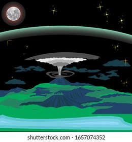 Vector illustration of a hot cloud explosion, on a beautiful night. Natural disasters. Tropical forest. Vector 3