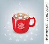 Vector illustration of hot cocoa on a blue background with white snowflakes.