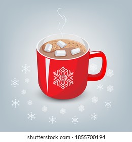 Vector illustration of hot cocoa on a blue background with white snowflakes.