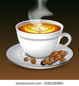 Vector illustration of hot coffee in a ceramic cup with cream.