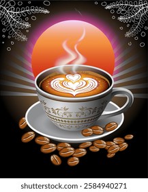 Vector illustration of hot coffee in a ceramic cup with cream.