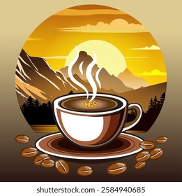 Vector illustration of hot coffee in a ceramic cup with cream.