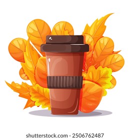 Ilustración vectorial de café caliente. Lindo diseño de café con hojas. Diseño de hojas de otoño