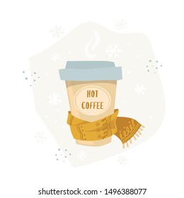 Vector illustration of hot coffee in paper cup with scarf in flat design for winter holidays.