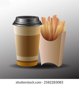 Vector illustration of hot coffee in plastic cup and potato chips.