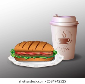 Vector illustration of hot coffee in plastic cup with hamburger.