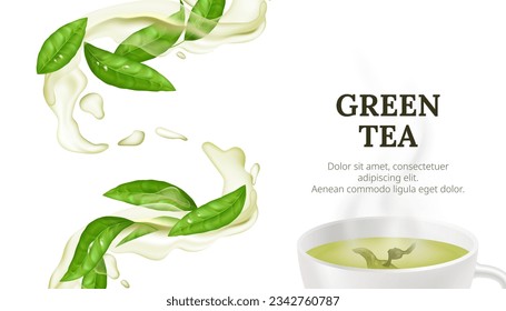 Vector illustration of a hot cup of green tea with a fresh leaf. Healthy and aromatic beverage concept with natural and organic elements on a white background. Liquid splashing water flow.