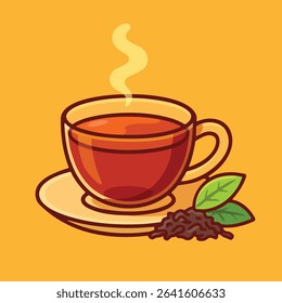 Vector illustration of a hot cup of tea with steam, saucer, and tea leaves. Perfect for cafe menus, wellness, and food designs.