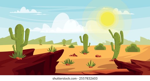 Vector illustration of hot desert landscape.Cartoon scene of beautiful desert with rocks, cliffs, cacti of different shapes, stones, plants, bushes, bright scorching sun on blue sky with white clouds.