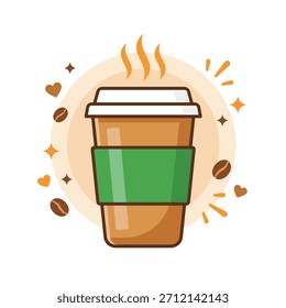 Ilustração vetorial de xícara de café quente descartável com manga verde e vapor.
