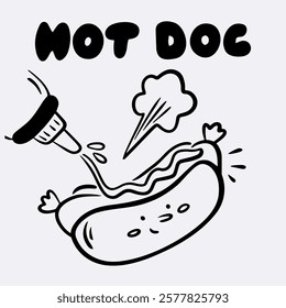 Vector illustration of hot dog in black line in doodle style, logo, lettering, sauce for hot dog shop, sausage branding