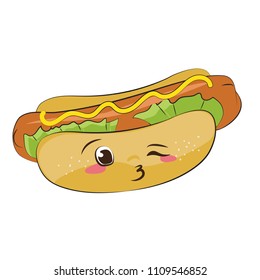 vector illustration of hot dog. Cheerful and winking fast food for a holiday
