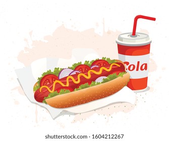 Vector illustration of a hot dog fast food  with a glass of cold drinks