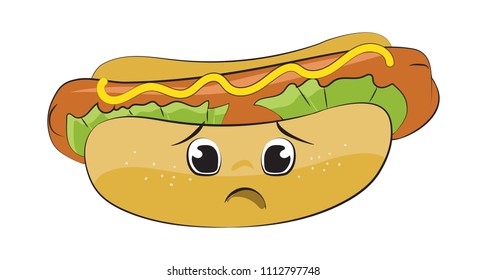 Vector illustration of hot dog. A fun fast food for a national holiday. Surprised expression