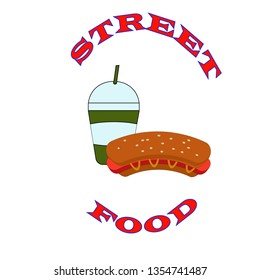 Vector illustration. Hot dog and glass with tubule on white background. Street food. Illustration with the inscription