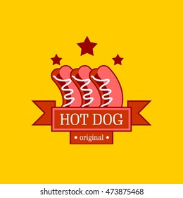 Vector Illustration of Hot Dog icon, logo, emblem design template. American hot dog sandwich with ketchup and mustard poster template.