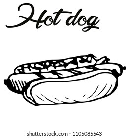 Vector illustration of hot dog with ketchup and mustard and lettering in black ink