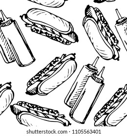 Vector illustration of hot dog with ketchup and mustard in black ink pattern