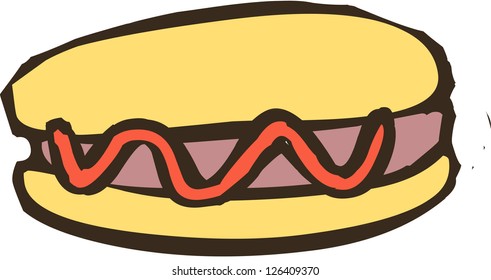 Ilustración vectorial de un perro caliente con ketchup