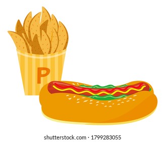 
Vector illustration of hot dog with mustard and ketchup sauce . French fries
