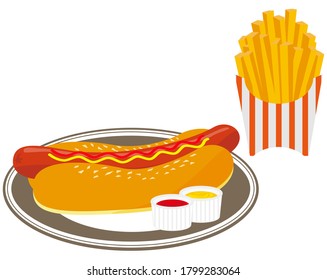 
Vector illustration of hot dog with mustard and ketchup sauce . French fries