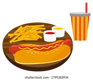 
Vector illustration of hot dog with mustard and ketchup sauce . French fries and drink