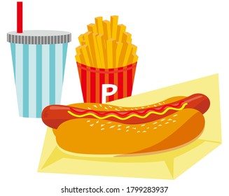 
Vector illustration of hot dog with mustard and ketchup sauce . French fries and drink