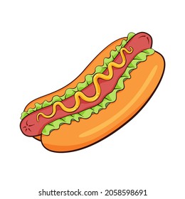 Vector illustration of hot dog with mustard and salad. Isolated illustration in cartoon style poster, menus, brochure, web and icon fast food.