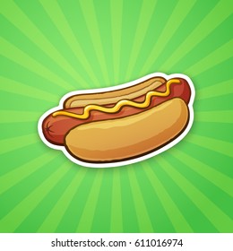 Vector illustration. Hot dog with mustard. Unhealthy food. Sticker in cartoon style with contour. Decoration for greeting cards, patches, prints for clothes, badges, posters, emblems, menus