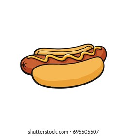 Vector illustration. Hot dog with mustard. Sausage with bread bun. Image in cartoon style with contour. Sausage in a bun. Unhealthy food. Isolated on white background