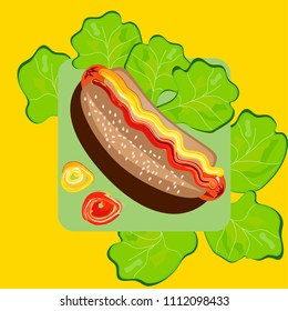 Vector illustration. Hot dog on lettuce leaves with mustard and ketchup.