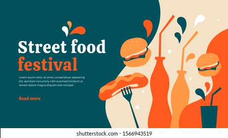 Vector illustration with hot dog sausages, burgers and drink. Street Food Festival concept design, poster or layout. Fast food store on wheels, cart. Template for banner, flyer, menu, bbq, cafe