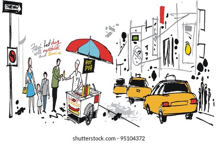 Vector illustration of hot dog stand in New York