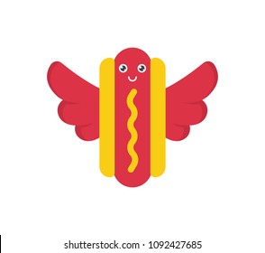 Vector illustration of Hot Dog with Wings. Flying Food Concept. Hot Dog Character