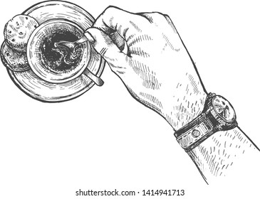 Vector illustration of hot drink, coffee time and break. Male man hand in a watch mixing sugar in the cup of black espresso coffee with a teaspoon. Cookies on the plate. Vintage hand drawn style.