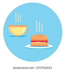 Vector illustration of a hot drink cup and a bun with butter and jam in flat style