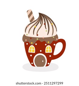 Vector illustration of hot drink in cute mug in flat design. Hot chocolate, coffee, cocoa with marshmallow. Autumn and winter holidays.