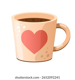 Vector illustration of a hot drink. Invigorating tea, coffee. Flat light mug with a heart on a white background.