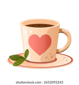 Vector illustration of a hot drink. Invigorating tea, coffee. Flat light mug with a heart on a white background.
