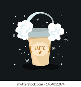 Vector illustration of hot drink in paper cup with scarf and inscription love, in flat design for autumn and winter holidays.